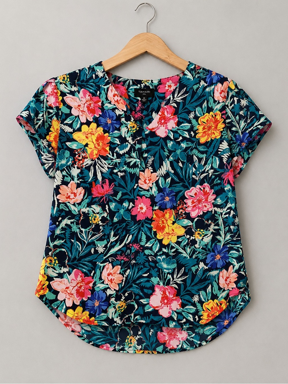Tahari ASL Floral Blouse Medium Navy Multicolor Top
